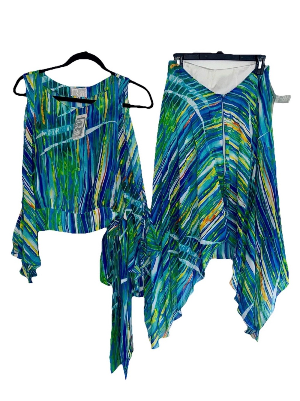 Vintage ALBERTO MAKALI SET Cold Shoulder Flowy Top Sarong Skirt Y2K Whimsy Boho
